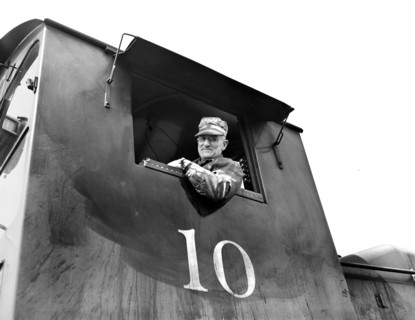 Train engineer in one cab of locomotive train, Detroit, Michigan, USA, Arthur S. Siegel, U.S.