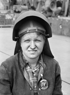 Arc welder, head and shoulders portrait, Bethlehem-Fairfield shipyards, Baltimore, Maryland, USA,