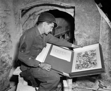U.S. Master Sergeant Harold Maus with Albrecht Durer engraving, found among other art treasures by