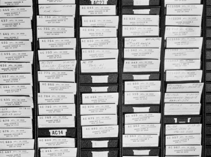 Employee time cards in rack, Bethlehem-Fairfield shipyards, Baltimore, Maryland, USA, Arthur S.