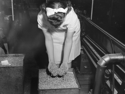 Manufacturing chemist inspecting filled gelatin capsules, Parke, Davis and Company, Detroit,