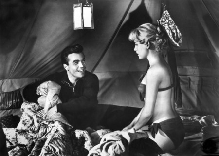 Claus Biederstaedt, Susanne Cramer on-set of the West German film, "Two In A Sleeping Bag",