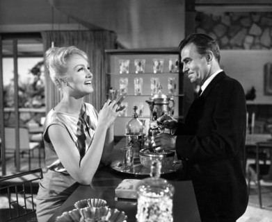 Julie Newmar, James Mason, on-set of the film, "The Marriage-Go-Round", 20th Century-Fox, 1961
