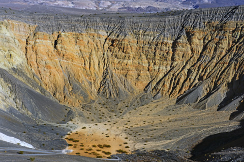 Deep gullies caused by water erosion on the East face of the Ubehebe Crater, Death Valley National