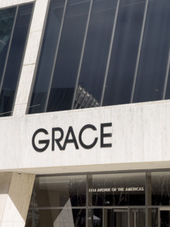 W.R. Grace Building, close-up exterior view of building sign and entrance, West 42nd Street, New