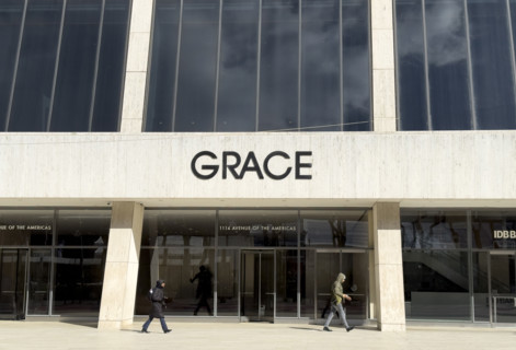 W.R. Grace Building, close-up exterior view of building sign and entrance, West 42nd Street, New