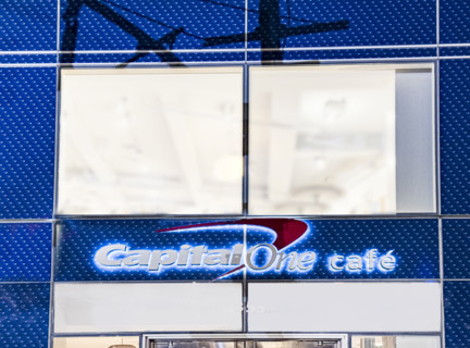 Capital One Cafe, building exterior and company sign, New York City, New York, USA