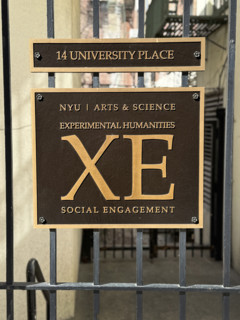 NYU, Arts & Science, Experimental Humanities, Social Engagement, engraved metal plaque on iron