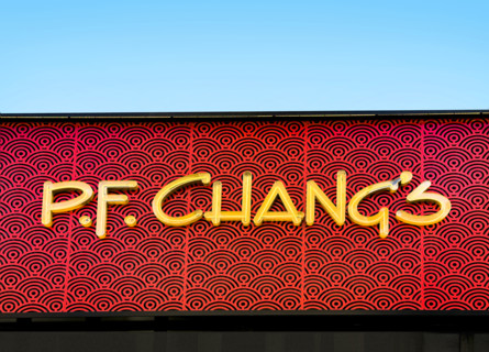 P.F. Chang's Chinese restaurant, building exterior detail of company sign, New York City, New York,