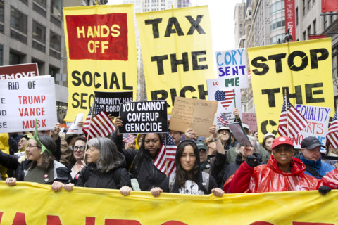 Demonstrators participating in "Hands Off" National Day of Action Protest, New York City, New York,