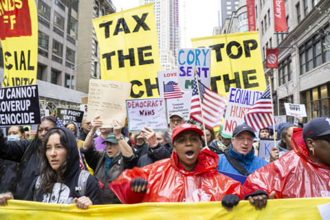Demonstrators participating in "Hands Off" National Day of Action Protest, New York City, New York,
