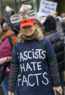 Demonstrators participating in "Hands Off" National Day of Action Protest, New York City, New York,