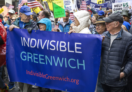 Demonstrators participating in "Hands Off" National Day of Action Protest, New York City, New York,