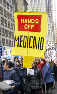 Demonstrators participating in "Hands Off" National Day of Action Protest, New York City, New York,