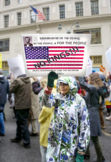 Demonstrators participating in "Hands Off" National Day of Action Protest, New York City, New York,