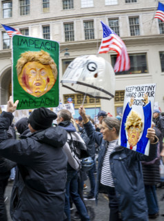 Demonstrators participating in "Hands Off" National Day of Action Protest, New York City, New York,