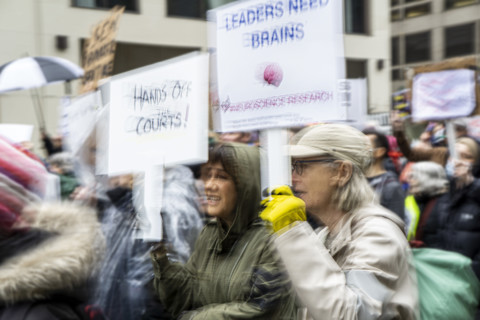 Demonstrators participating in "Hands Off" National Day of Action Protest, New York City, New York,