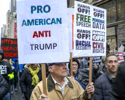 Demonstrators participating in "Hands Off" National Day of Action Protest, New York City, New York,