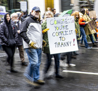 Demonstrators participating in "Hands Off" National Day of Action Protest, New York City, New York,