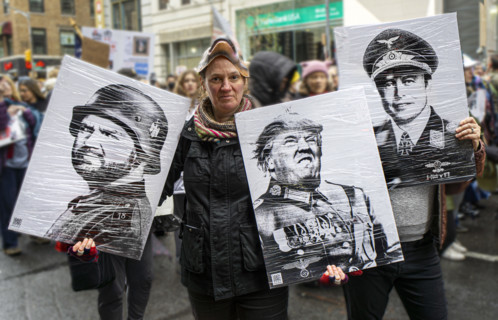 Demonstrators participating in "Hands Off" National Day of Action Protest, New York City, New York,