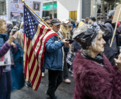 Demonstrators participating in "Hands Off" National Day of Action Protest, New York City, New York,