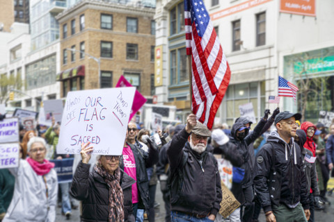 Demonstrators participating in "Hands Off" National Day of Action Protest, New York City, New York,