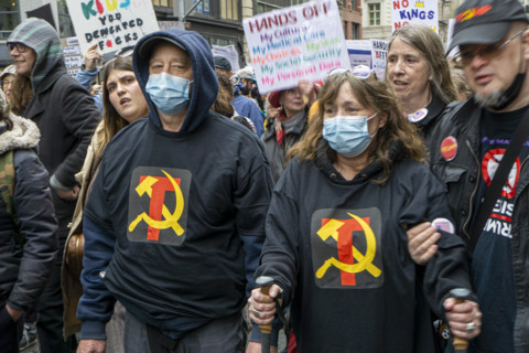 Demonstrators participating in "Hands Off" National Day of Action Protest, New York City, New York,