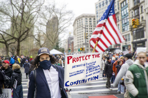 Demonstrators participating in "Hands Off" National Day of Action Protest, New York City, New York,