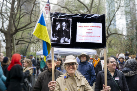 Demonstrators participating in "Hands Off" National Day of Action Protest, New York City, New York,