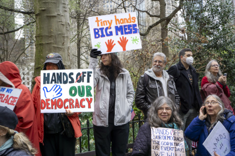 Demonstrators participating in "Hands Off" National Day of Action Protest, New York City, New York,