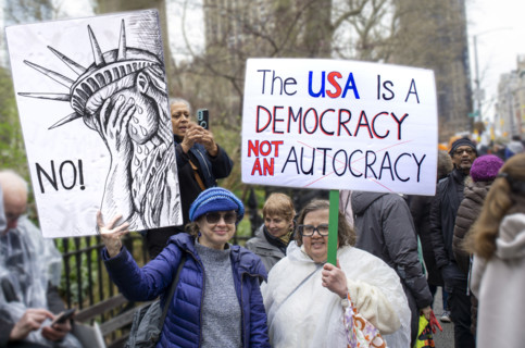 Demonstrators participating in "Hands Off" National Day of Action Protest, New York City, New York,