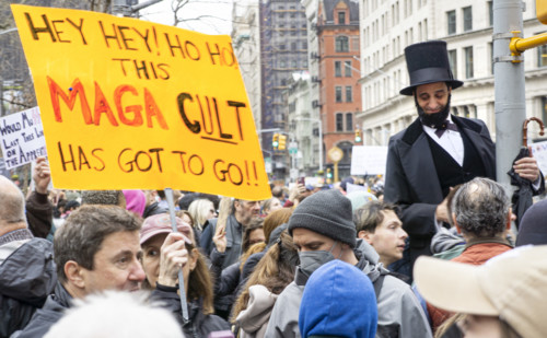 Demonstrators participating in "Hands Off" National Day of Action Protest, New York City, New York,