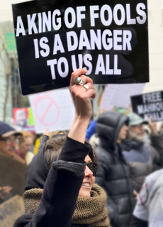 Demonstrators participating in "Hands Off" National Day of Action Protest, New York City, New York,