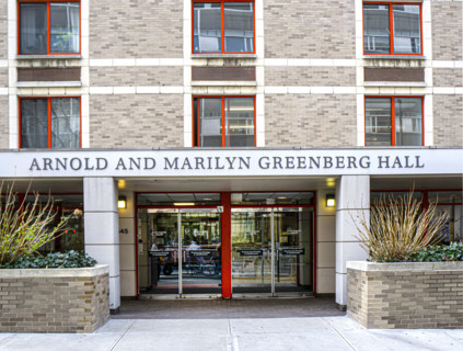 NYU Langone Arnold & Marilyn Greenberg Hall, building exterior and entrance, 545 First Avenue, New