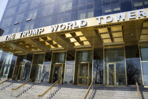 The Trump World Tower, building entrance exterior, 845 United Nations Plaza, New York City, New