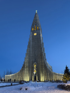 Hallgrimskirkja church in winter at dusk, Reykjavík, Iceland