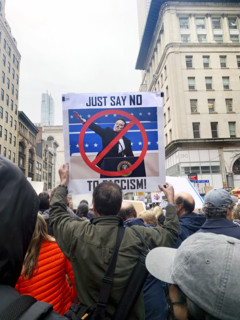 Demonstrators participating in "Hands Off" National Day of Action Protest, Fifth Avenue, New York