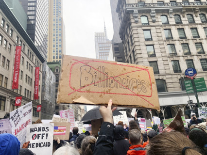 Demonstrators participating in "Hands Off" National Day of Action Protest, Fifth Avenue, New York