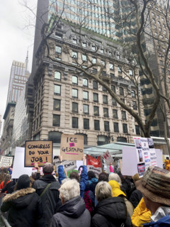 Demonstrators participating in "Hands Off" National Day of Action Protest, Fifth Avenue, New York