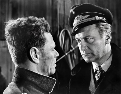 Curd Jurgens (right), on-set of the West German  film, "The Devil's General",  original German