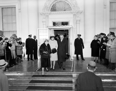 U.S. First Lady Mamie Eisenhower, Jacqueline Kennedy, and Senator Styles Bridges of New Hampshire