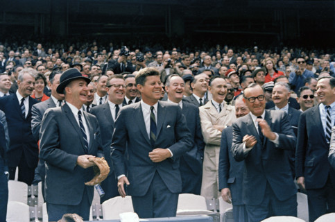 U.S. President John F. Kennedy (laughing), California Governor Edmund "Pat" Brown, (clapping,