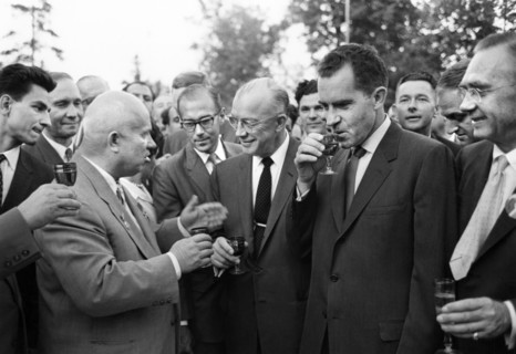 U.S. Vice President Richard M. Nixon enjoying a glass of American wine with Soviet Premier Nikita