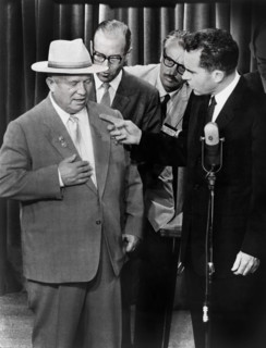 U.S. Vice President Richard M. Nixon gesturing with his finger towards Soviet Premier Nikita