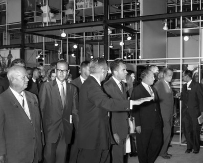 Soviet Premier Nikita Khrushchev and U.S. Vice President Richard M. Nixon touring the American
