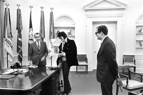 U.S. President Richard Nixon meeting with Elvis Presley during open hour in the Oval Office with