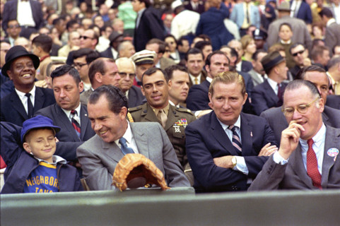 U.S. President Richard M. Nixon, enjoying opening day baseball with Washington Senators owner Bob
