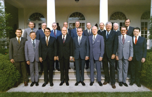 U.S. President Richard M. Nixon and his 1972 cabinet members Donald Rumsfeld, John A. Volpe, Peter