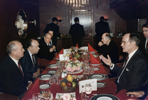 U.S. President George H.W. Bush having lunch with Soviet General Secretary Mikhail Gorbachev aboard