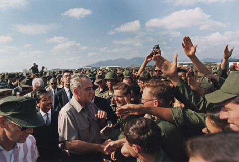 U.S. President Lyndon Johnson shaking hands in a crowd of U.S. troops, Cam Ranh Bay, Vietnam,